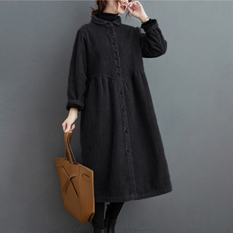 Plain Buttons Long Sleeve Women's Cotton Corduroy Fleece-Lined Coat With Pockets