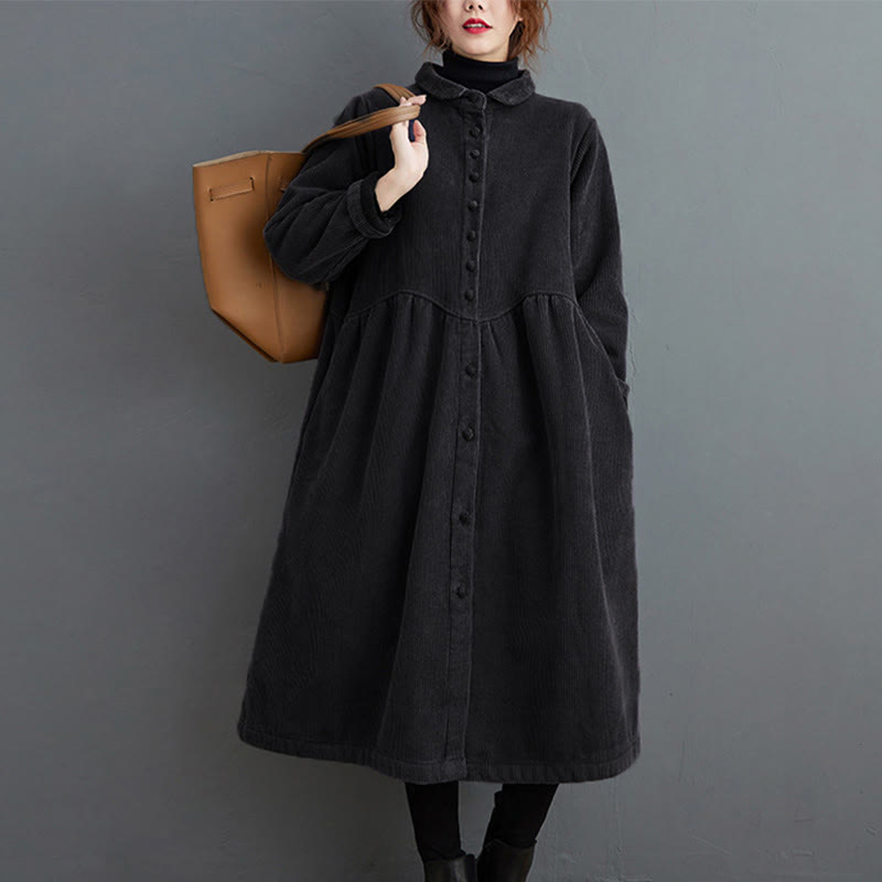 Plain Buttons Long Sleeve Women's Cotton Corduroy Fleece-Lined Coat With Pockets
