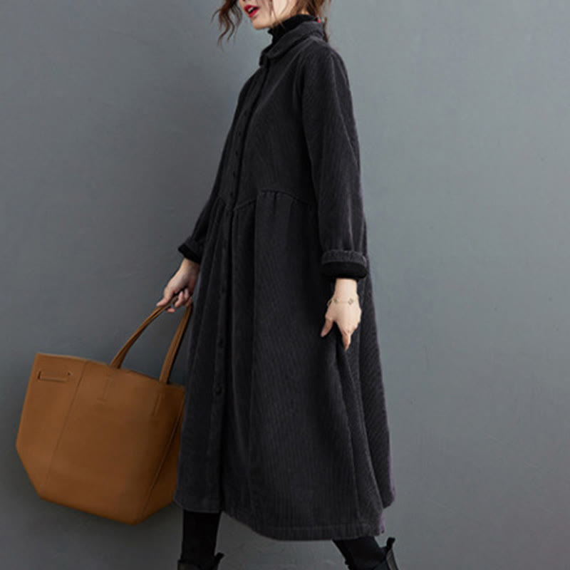 Plain Buttons Long Sleeve Women's Cotton Corduroy Fleece-Lined Coat With Pockets