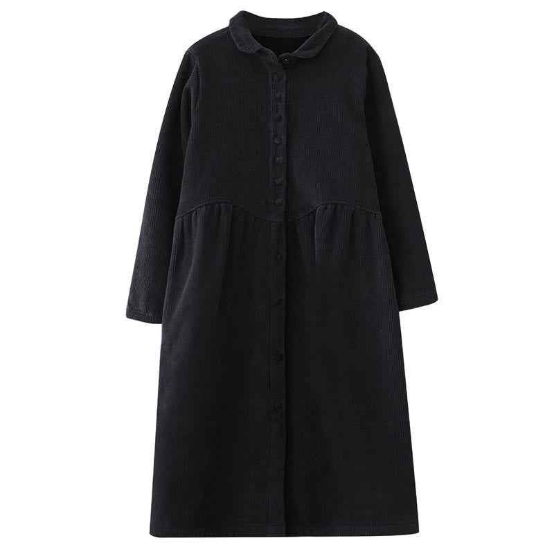 Plain Buttons Long Sleeve Women's Cotton Corduroy Fleece-Lined Coat With Pockets