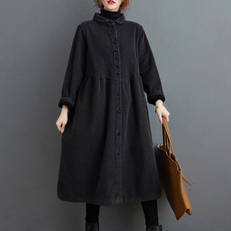 Plain Buttons Long Sleeve Women's Cotton Corduroy Fleece-Lined Coat With Pockets