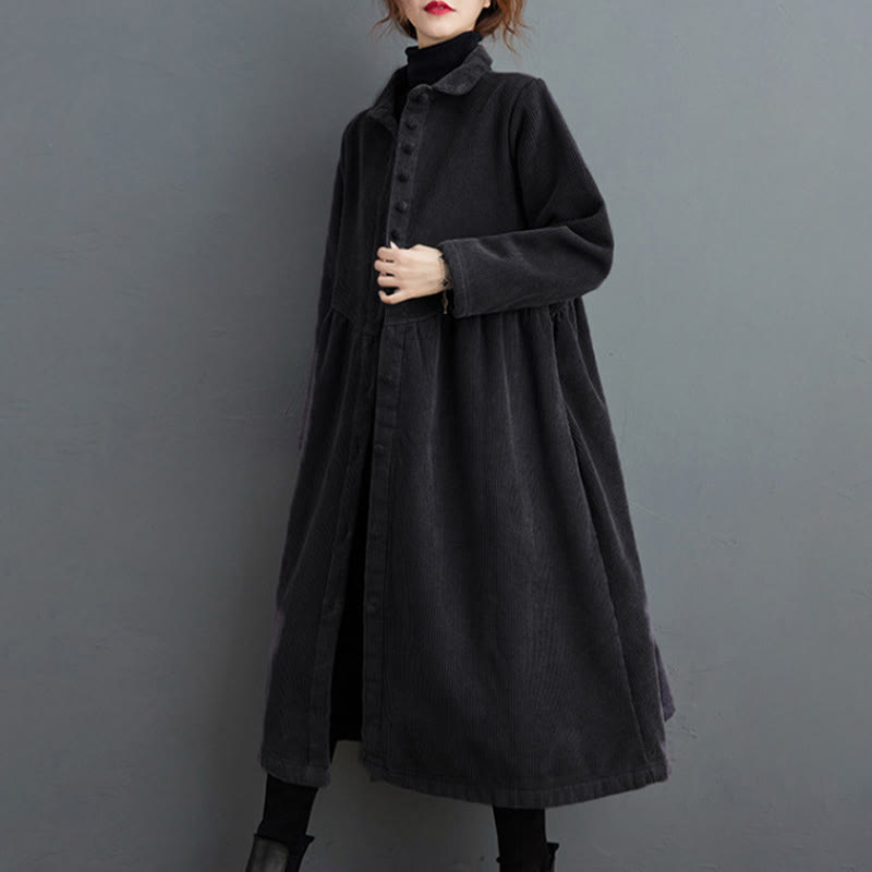 Plain Buttons Long Sleeve Women's Cotton Corduroy Fleece-Lined Coat With Pockets