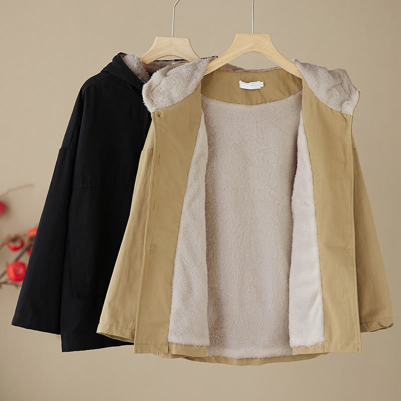 Women's Plain Long Sleeve Hoodie Cotton Thermal Fleece-Lined Jacket With Pockets