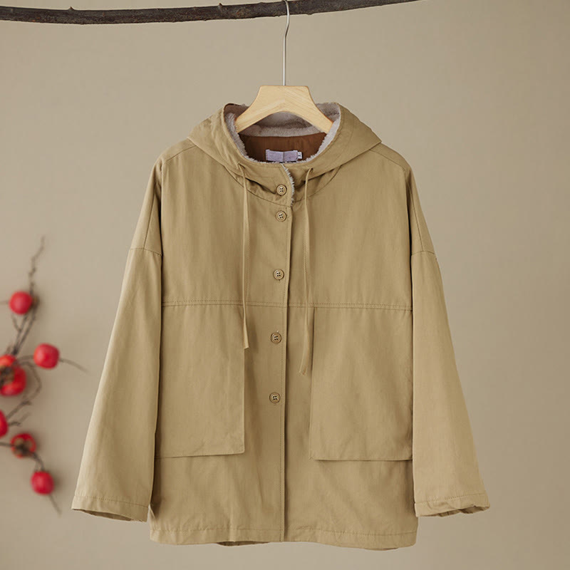 Women's Plain Long Sleeve Hoodie Cotton Thermal Fleece-Lined Jacket With Pockets