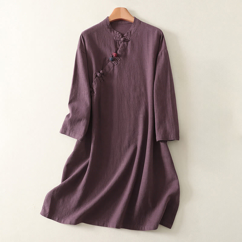 Cotton Diagonal Button Stand Collar Meditation Midi Dress