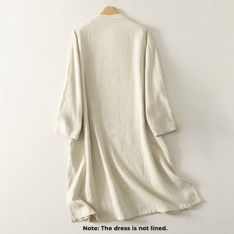 Cotton Diagonal Button Stand Collar Meditation Midi Dress