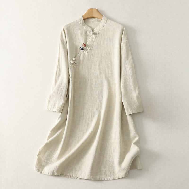 Cotton Diagonal Button Stand Collar Meditation Midi Dress