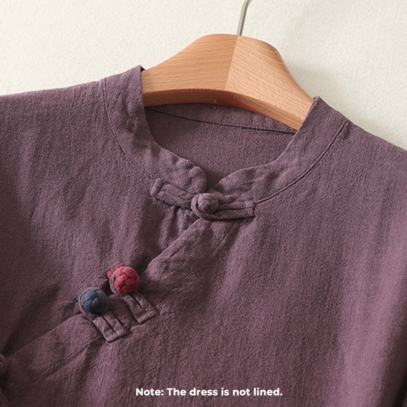 Cotton Diagonal Button Stand Collar Meditation Midi Dress