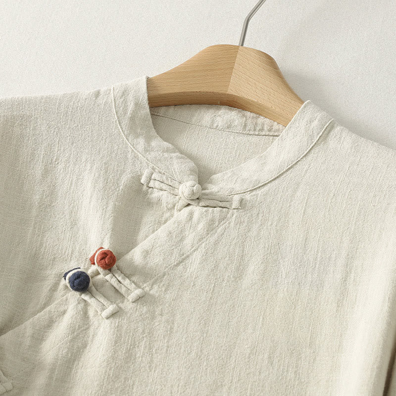 Cotton Diagonal Button Stand Collar Meditation Midi Dress