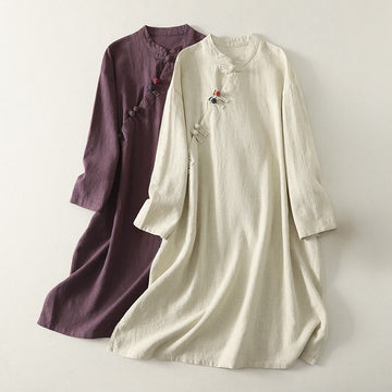 Cotton Diagonal Button Stand Collar Meditation Midi Dress