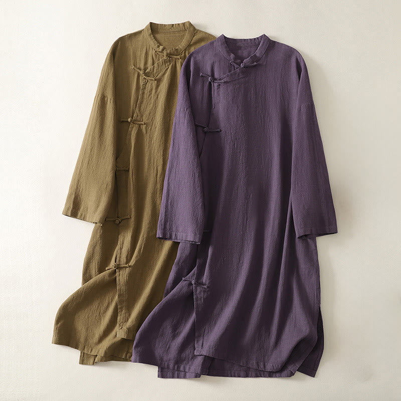 Cotton Linen Stand Collar Frog Button Midi Dress for Mindful Movement