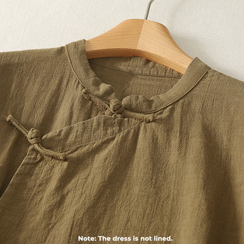Cotton Linen Stand Collar Frog Button Midi Dress for Mindful Movement