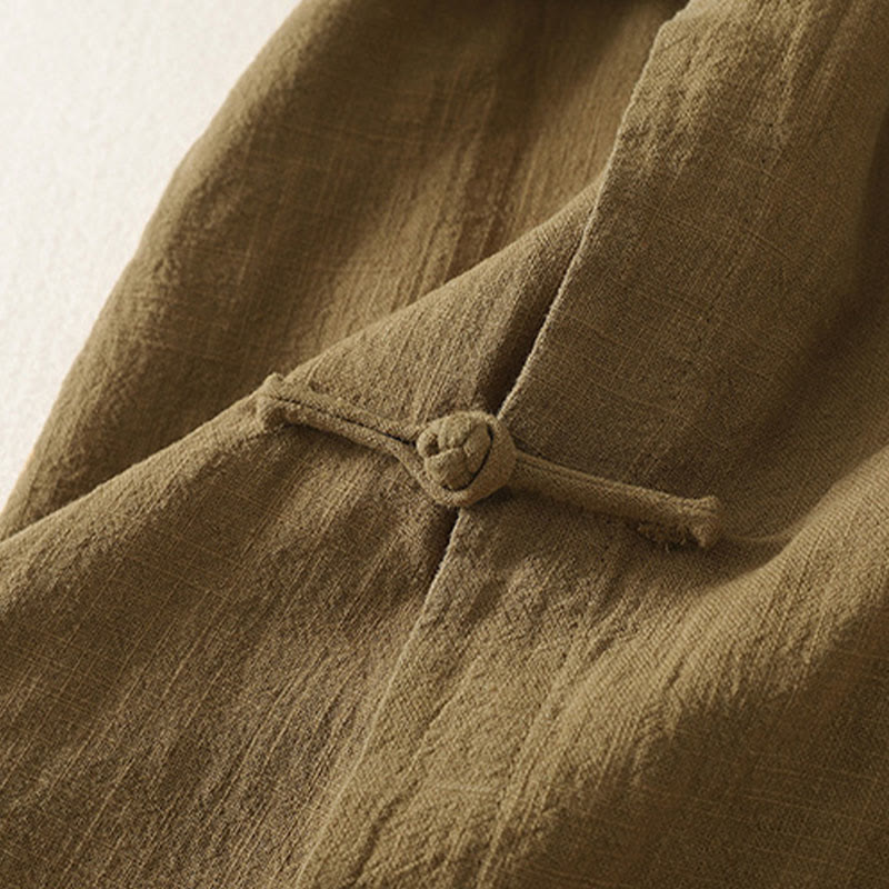 Cotton Linen Stand Collar Frog Button Midi Dress for Mindful Movement