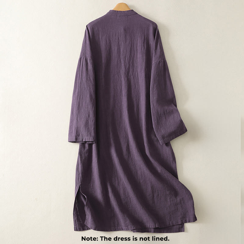 Cotton Linen Stand Collar Frog Button Midi Dress for Mindful Movement
