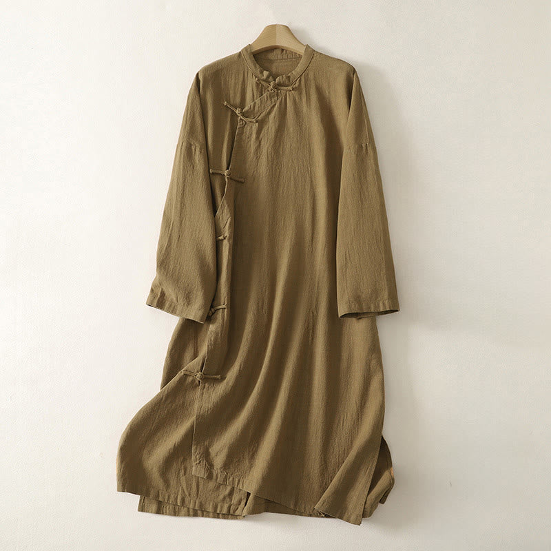 Cotton Linen Stand Collar Frog Button Midi Dress for Mindful Movement