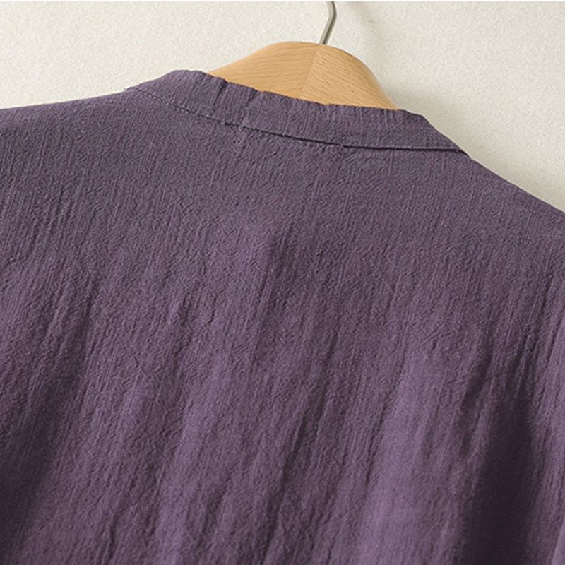 Cotton Linen Stand Collar Frog Button Midi Dress for Mindful Movement