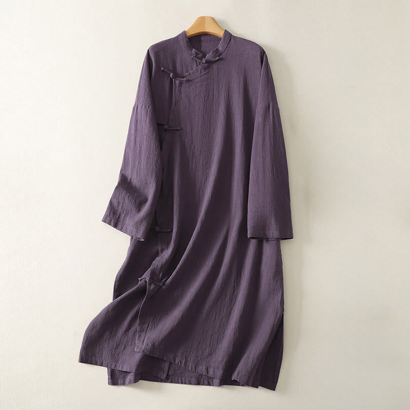 Cotton Linen Stand Collar Frog Button Midi Dress for Mindful Movement