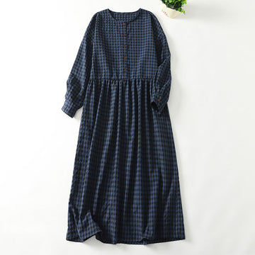 Tactile Cotton Linen Plaid Puff-Sleeve Meditation Midi Dress