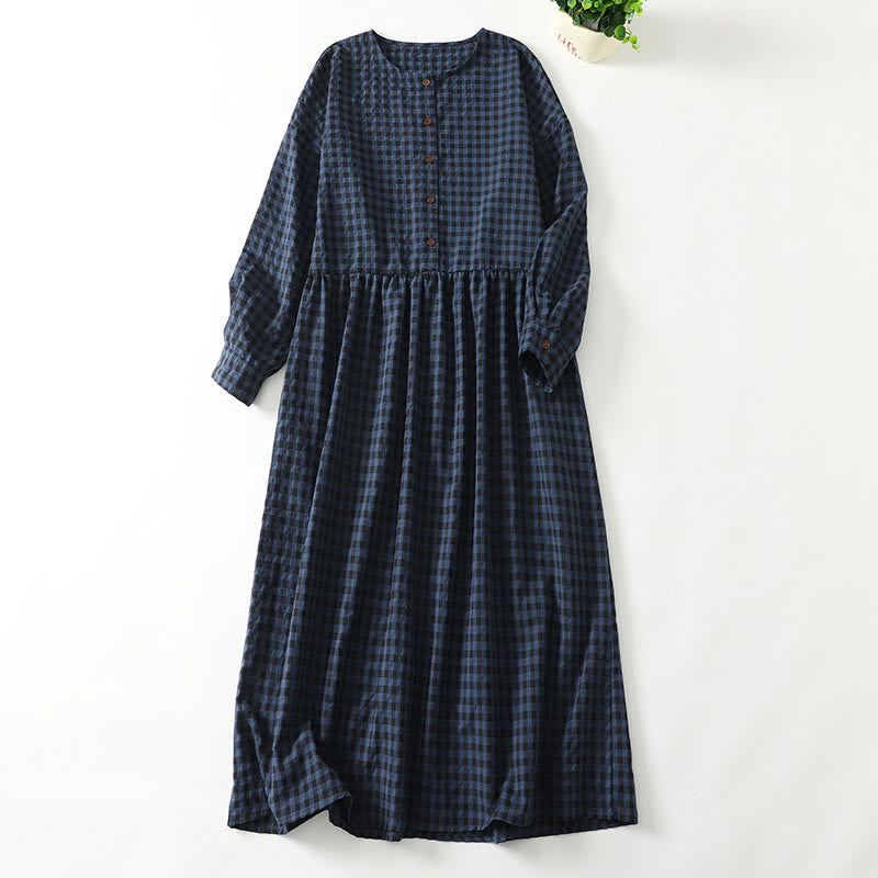 Tactile Cotton Linen Plaid Puff-Sleeve Meditation Midi Dress