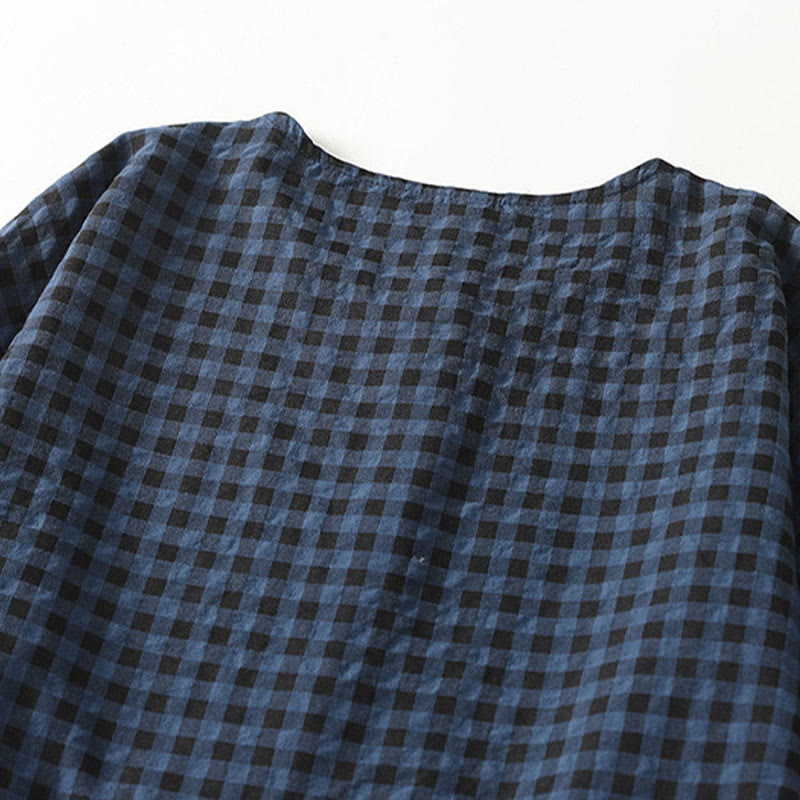 Tactile Cotton Linen Plaid Puff-Sleeve Meditation Midi Dress