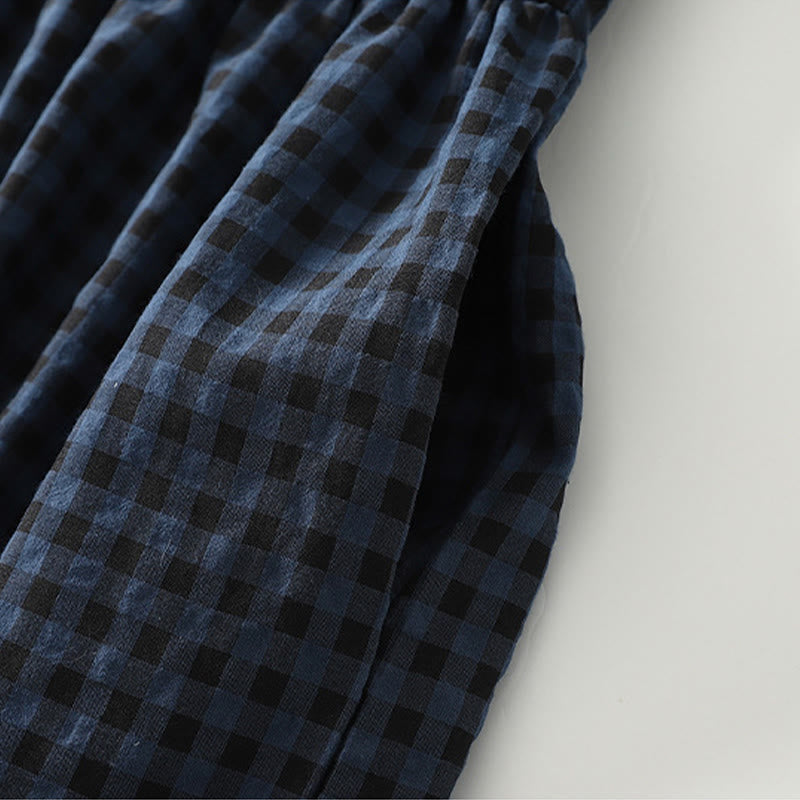 Tactile Cotton Linen Plaid Puff-Sleeve Meditation Midi Dress