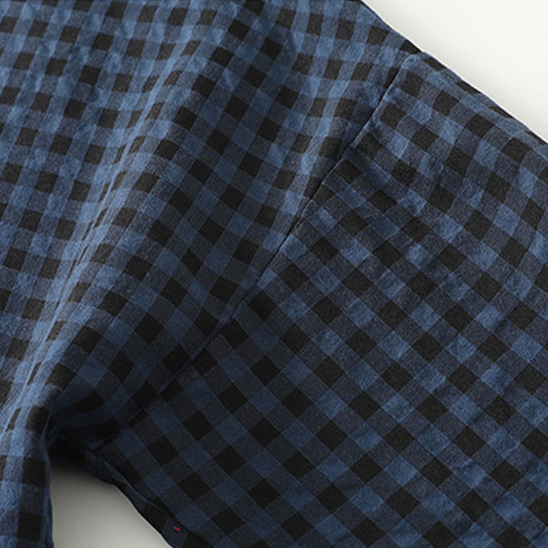 Tactile Cotton Linen Plaid Puff-Sleeve Meditation Midi Dress