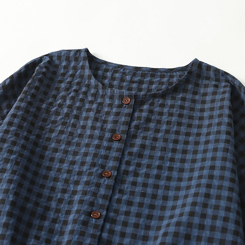 Tactile Cotton Linen Plaid Puff-Sleeve Meditation Midi Dress