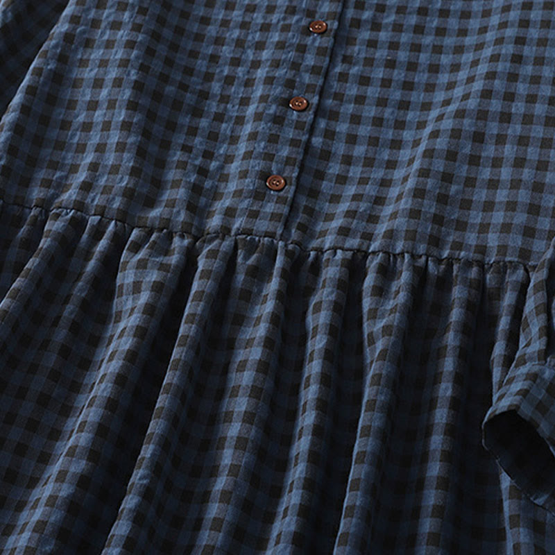 Tactile Cotton Linen Plaid Puff-Sleeve Meditation Midi Dress