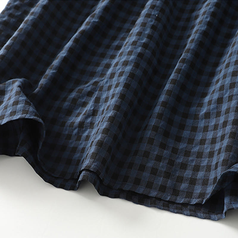 Tactile Cotton Linen Plaid Puff-Sleeve Meditation Midi Dress