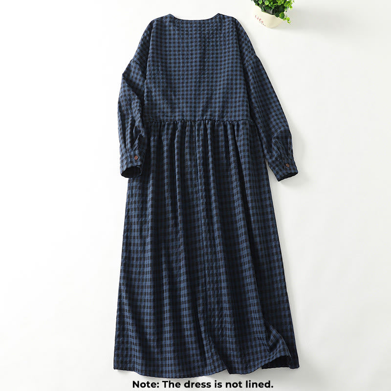 Tactile Cotton Linen Plaid Puff-Sleeve Meditation Midi Dress