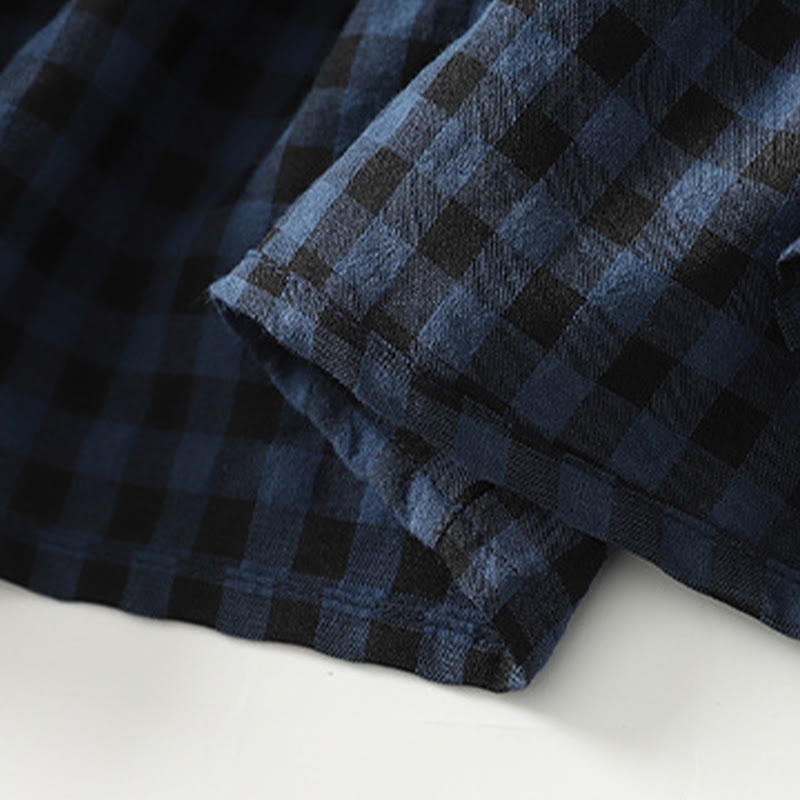Tactile Cotton Linen Plaid Puff-Sleeve Meditation Midi Dress