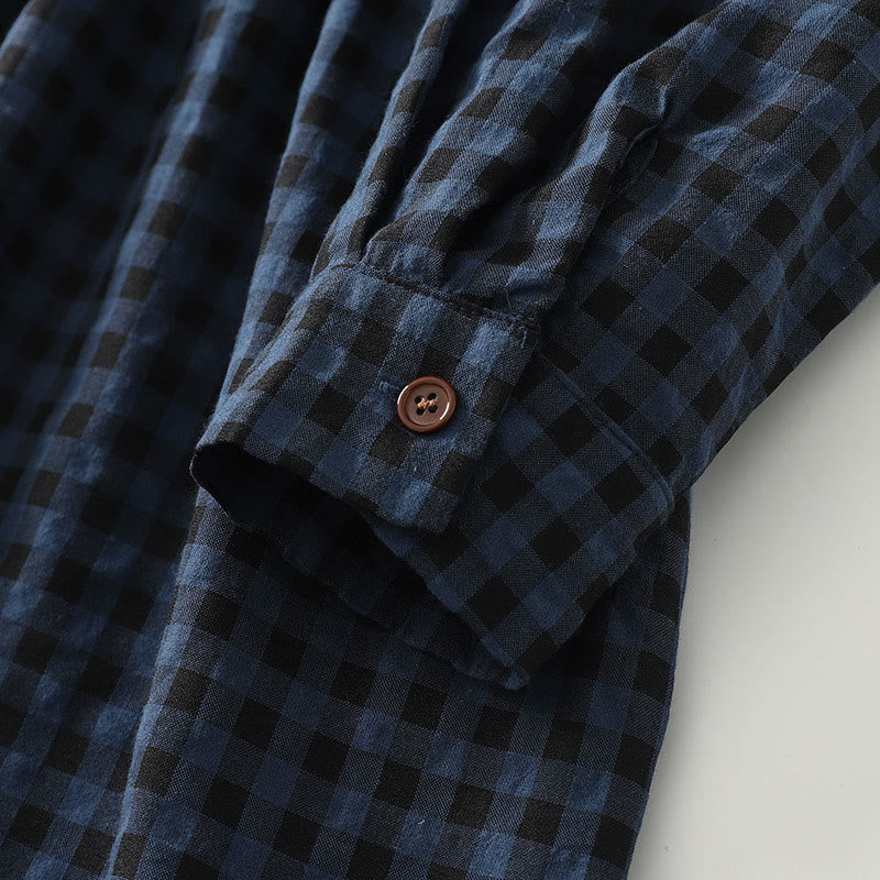 Tactile Cotton Linen Plaid Puff-Sleeve Meditation Midi Dress