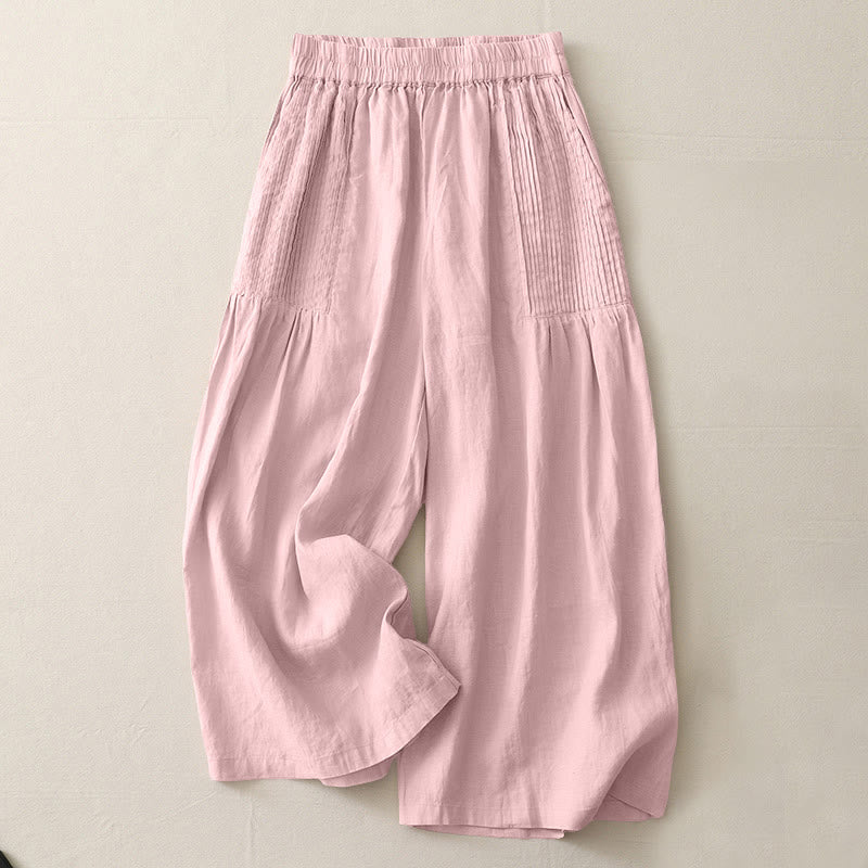 Casual Plain Tucker Pleats Elastic Women's Polyester Wide Leg Pants With Pockets