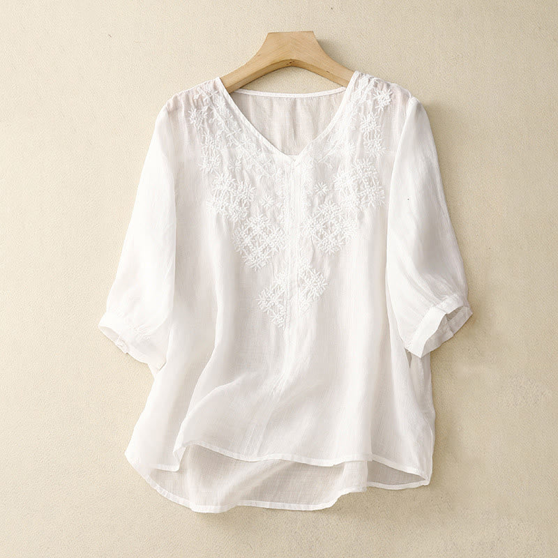 V-Neck Lines Embroidery Women's Half Sleeve Shirt