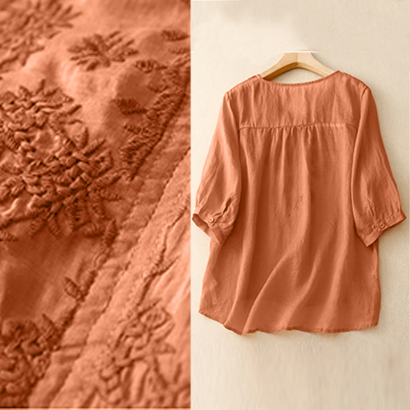 V-Neck Lines Embroidery Women's Half Sleeve Shirt