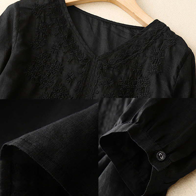 V-Neck Lines Embroidery Women's Half Sleeve Shirt