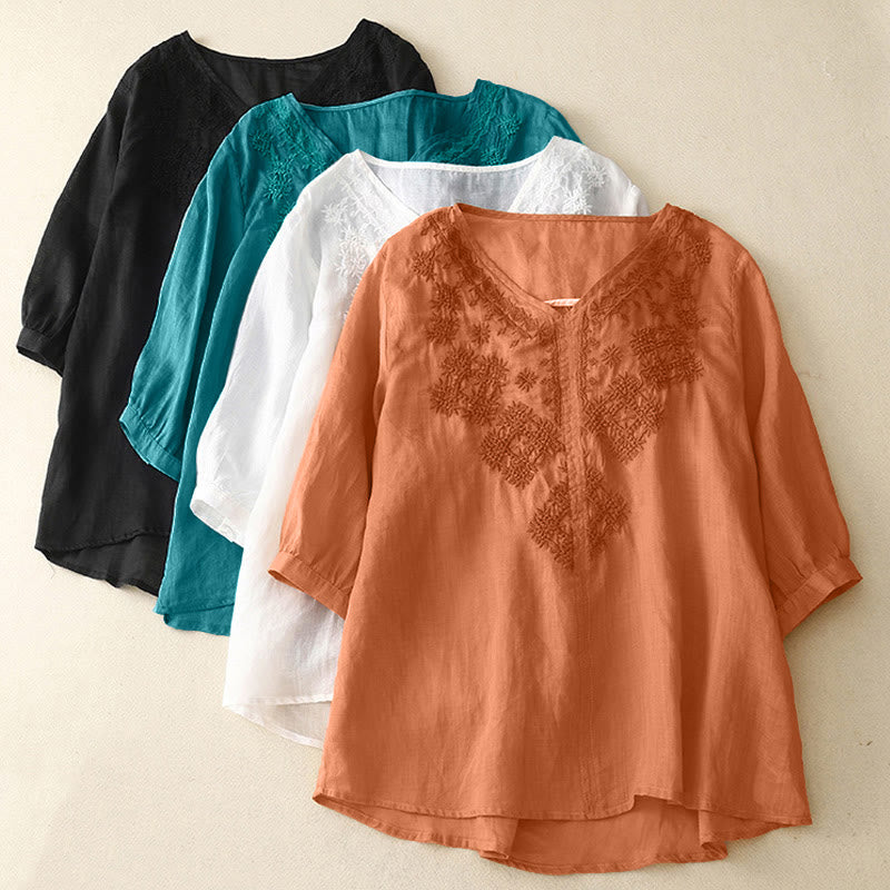 V-Neck Lines Embroidery Women's Half Sleeve Shirt