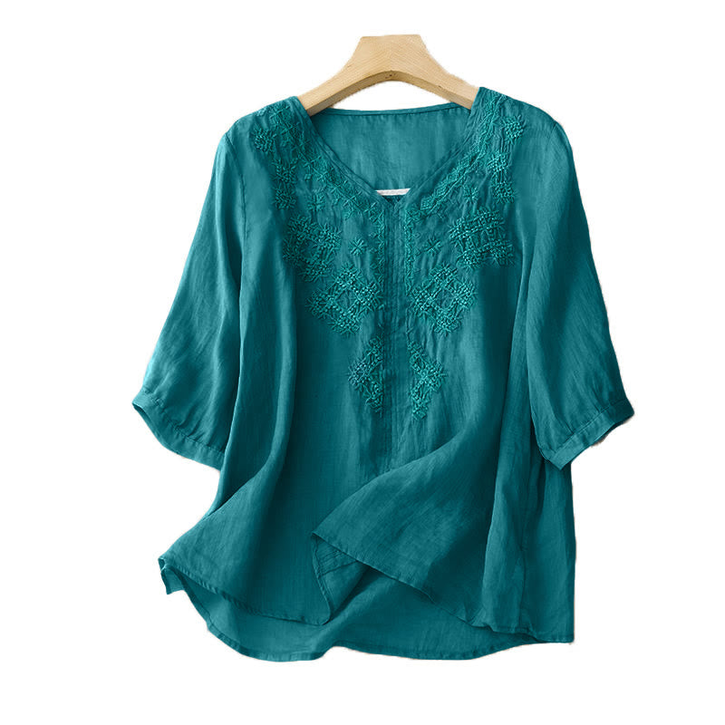 V-Neck Lines Embroidery Women's Half Sleeve Shirt