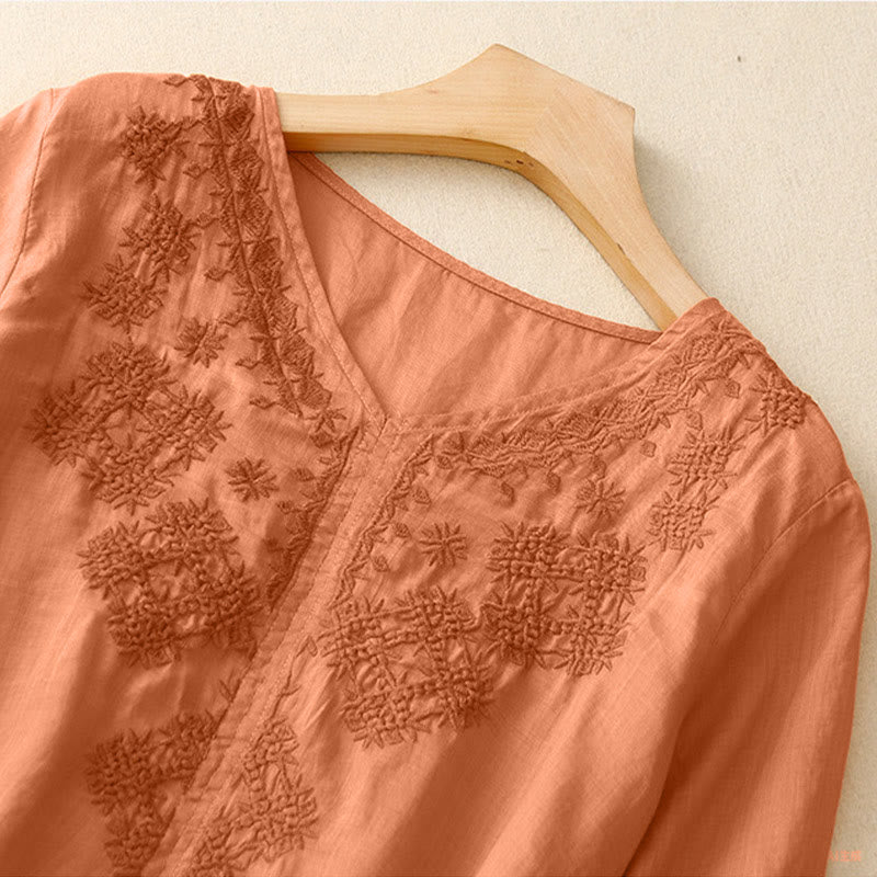 V-Neck Lines Embroidery Women's Half Sleeve Shirt