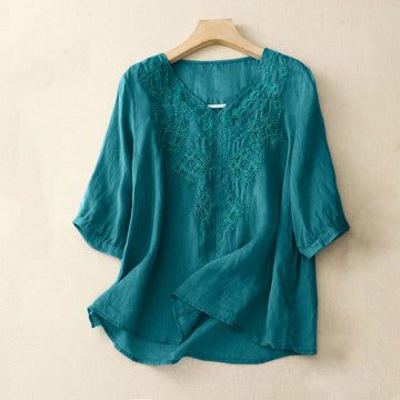 V-Neck Lines Embroidery Women's Half Sleeve Shirt