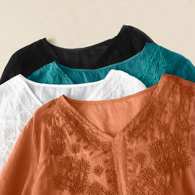 V-Neck Lines Embroidery Women's Half Sleeve Shirt