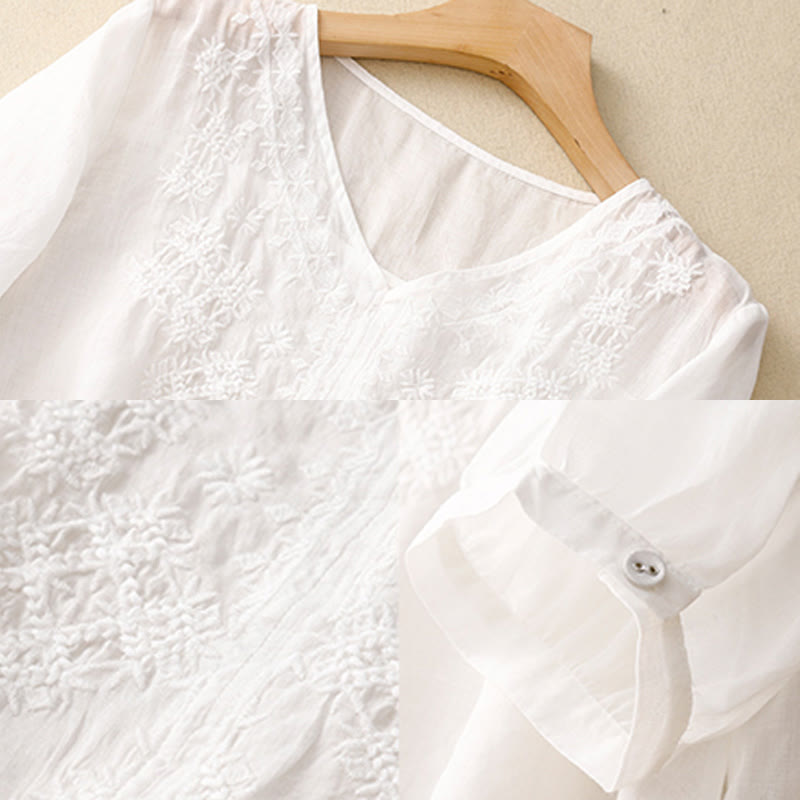 V-Neck Lines Embroidery Women's Half Sleeve Shirt
