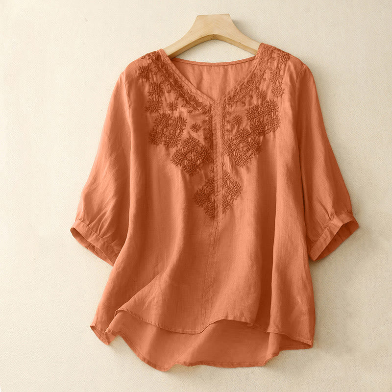 V-Neck Lines Embroidery Women's Half Sleeve Shirt