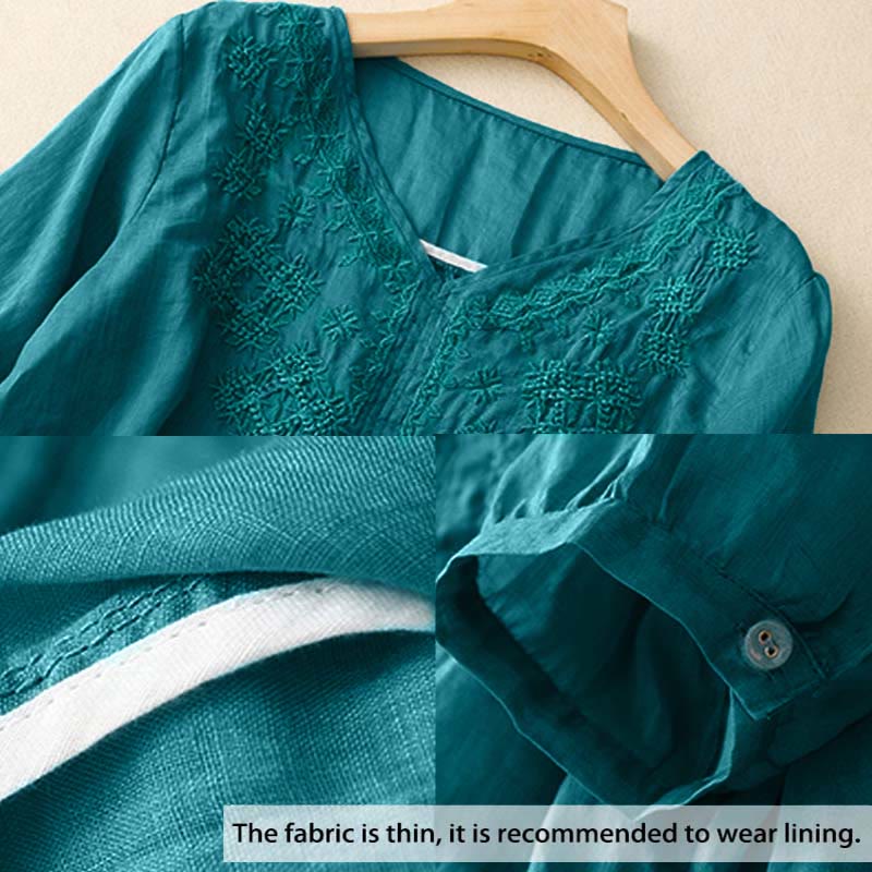 V-Neck Lines Embroidery Women's Half Sleeve Shirt