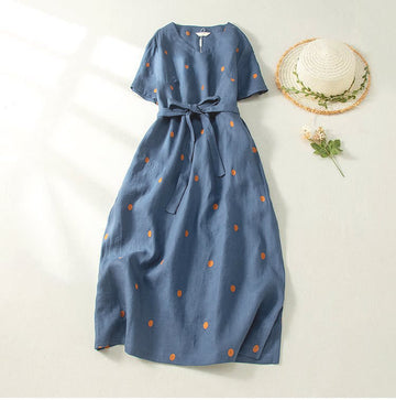 Casual Dot Pattern Short Sleeve Lace-up Cotton Linen Women's Midi Dress With Pockets
