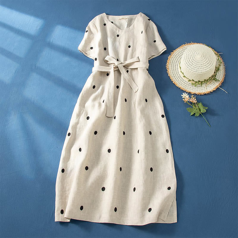 Casual Dot Pattern Short Sleeve Lace-up Cotton Linen Women's Midi Dress With Pockets