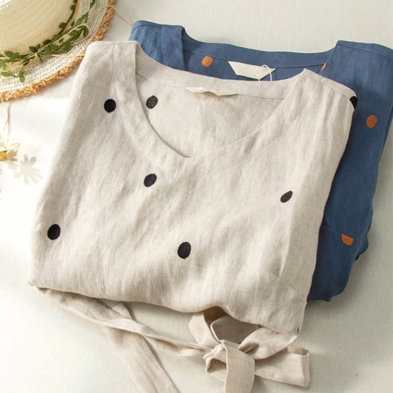 Casual Dot Pattern Short Sleeve Lace-up Cotton Linen Women's Midi Dress With Pockets