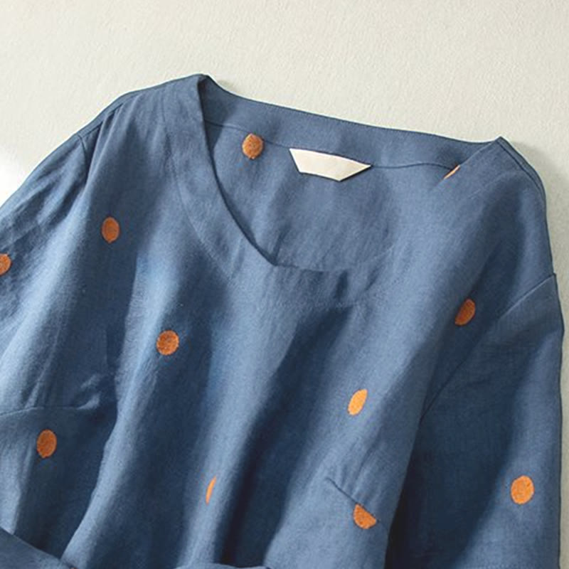 Casual Dot Pattern Short Sleeve Lace-up Cotton Linen Women's Midi Dress With Pockets