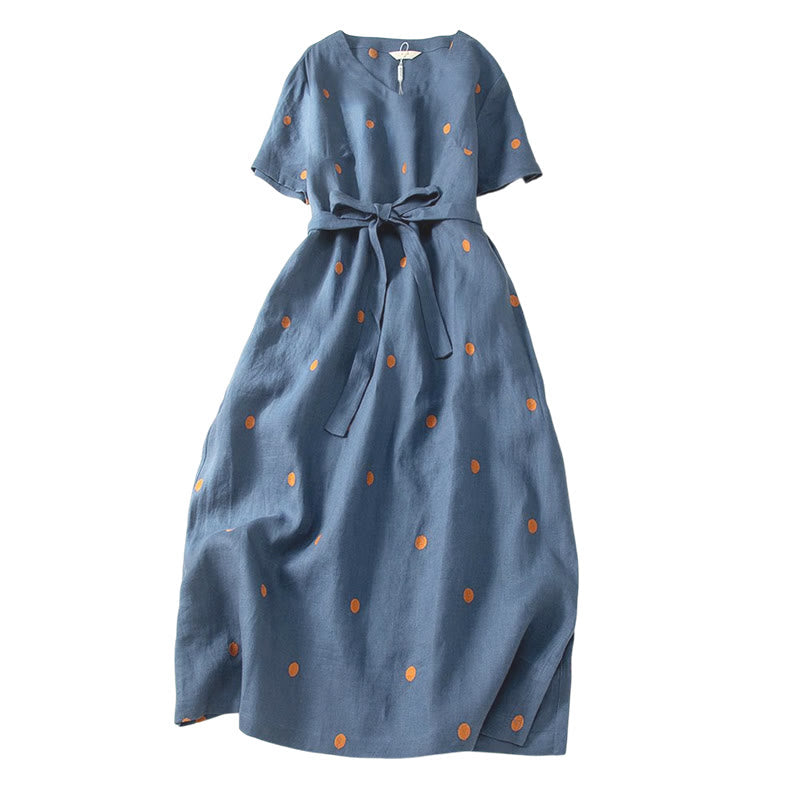 Casual Dot Pattern Short Sleeve Lace-up Cotton Linen Women's Midi Dress With Pockets