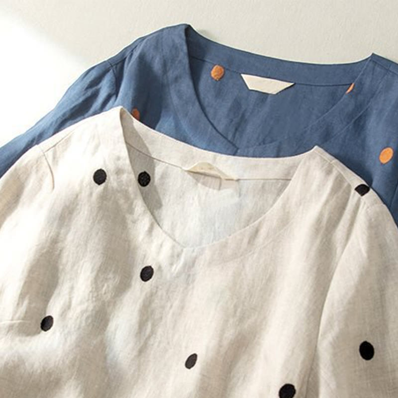 Casual Dot Pattern Short Sleeve Lace-up Cotton Linen Women's Midi Dress With Pockets